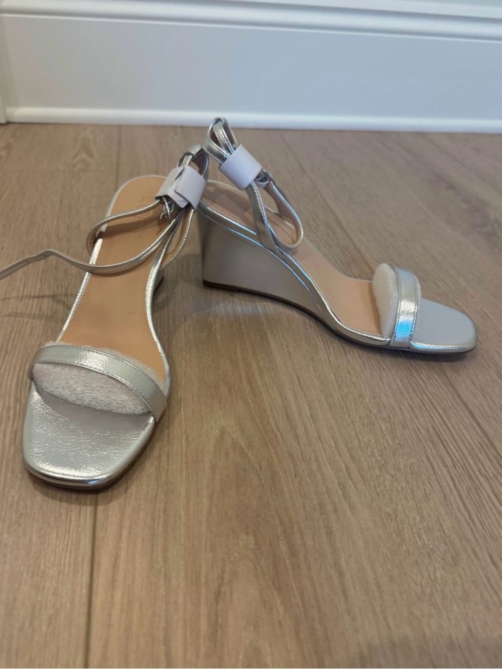 LOFT Metallic Silver Ankle Tie Wedge Sandals